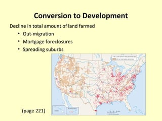 Conversion to Development
Decline in total amount of land farmed
• Out-migration
• Mortgage foreclosures
• Spreading suburbs
(page 221)
 