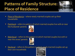 Place of Residence  – where newly married couples set up their households  Patrilocal  – refers to pattern of which married couples live with or near the husbands’ parents Matrilocal  – refers to the pattern in which married couples live with or near the wives’ parents Neolocal  – refers to the pattern in which newly married couples set up their own households 