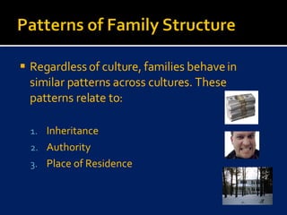 Regardless of culture, families behave in similar patterns across cultures. These patterns relate to: Inheritance Authority Place of Residence 