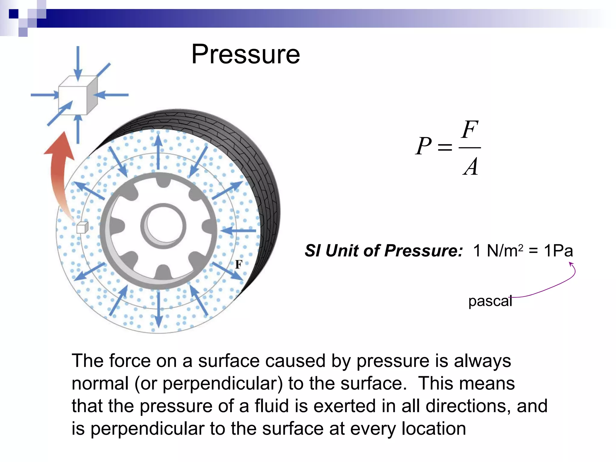 Pressure SI Unit of Pressure:  1 N/m 2  = 1Pa pascal The force on a surface caused by pressure is always normal (or perpendicular) to the surface.  This means that the pressure of a fluid is exerted in all directions, and is perpendicular to the surface at every location 