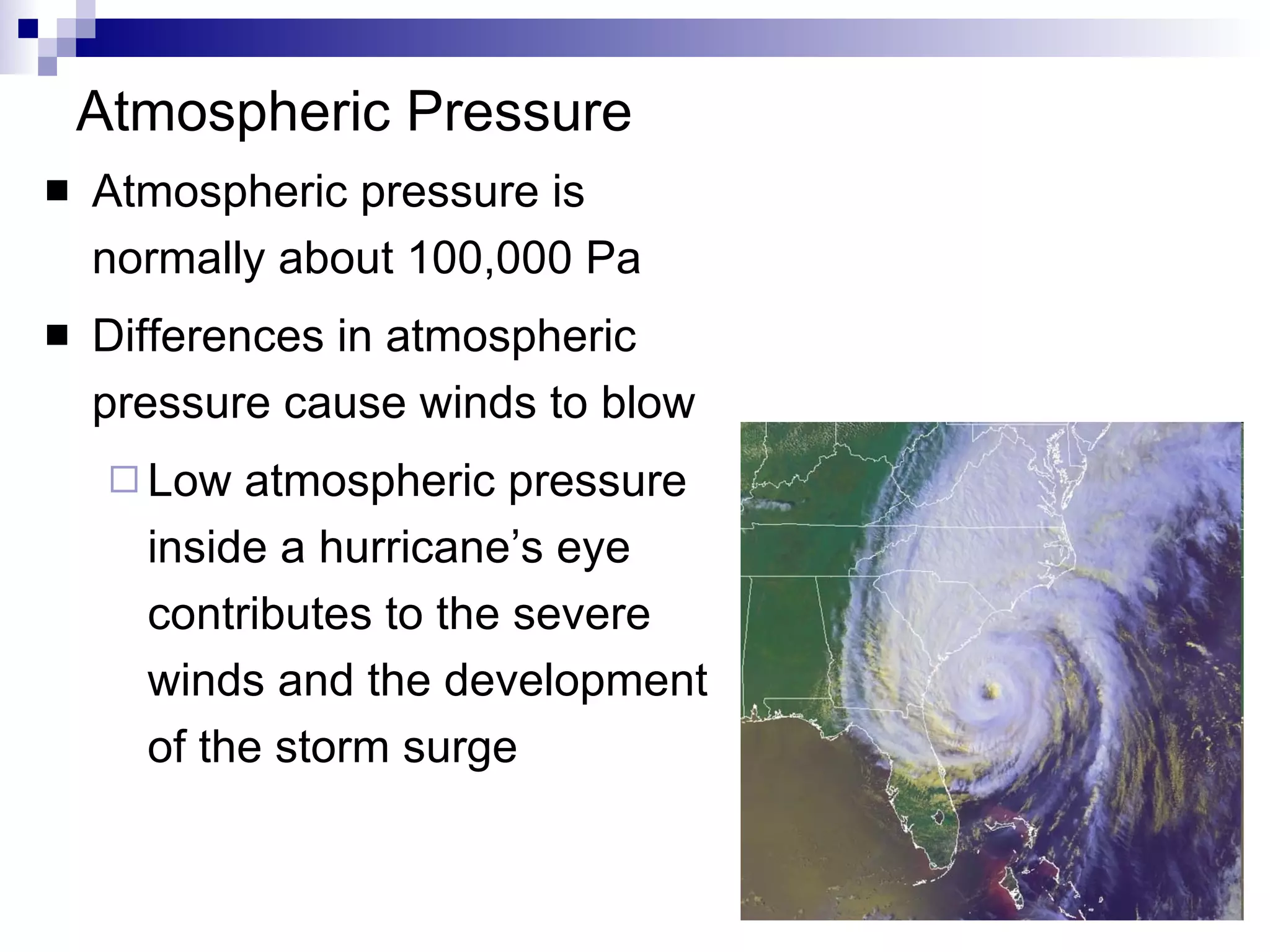 Atmospheric Pressure Atmospheric pressure is normally about 100,000 Pa Differences in atmospheric pressure cause winds to blow Low atmospheric pressure inside a hurricane’s eye contributes to the severe winds and the development of the storm surge 