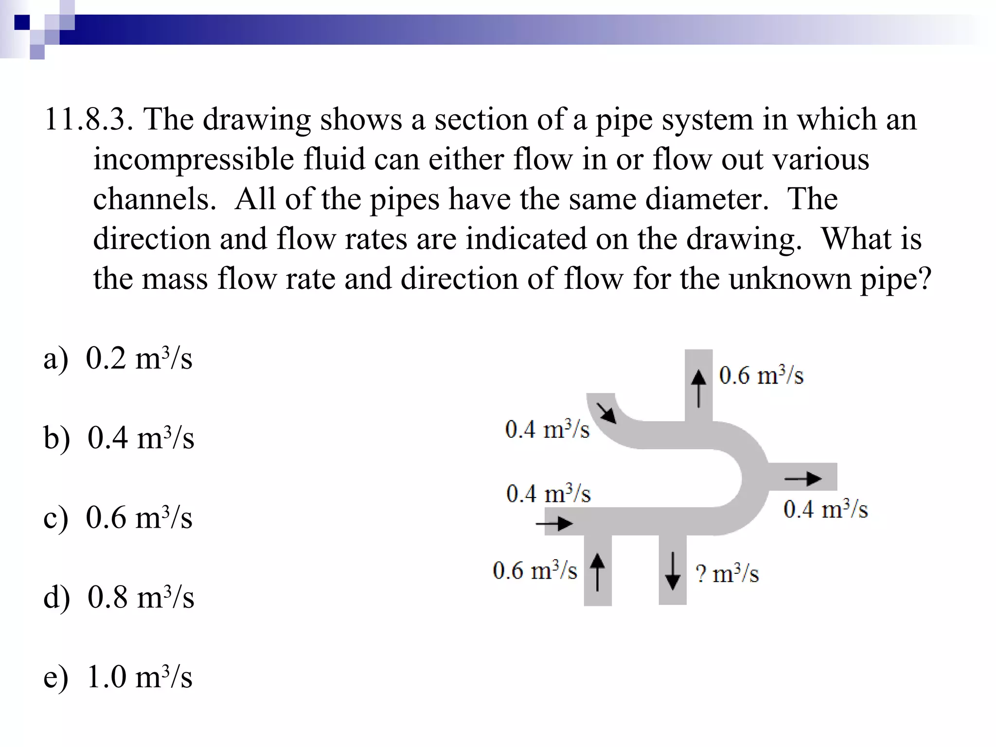 11.8.3. The drawing shows a section of a pipe system in which an incompressible fluid can either flow in or flow out various channels.  All of the pipes have the same diameter.  The direction and flow rates are indicated on the drawing.  What is the mass flow rate and direction of flow for the unknown pipe? a)  0.2 m 3 /s b)  0.4 m 3 /s c)  0.6 m 3 /s d)  0.8 m 3 /s e)  1.0 m 3 /s 