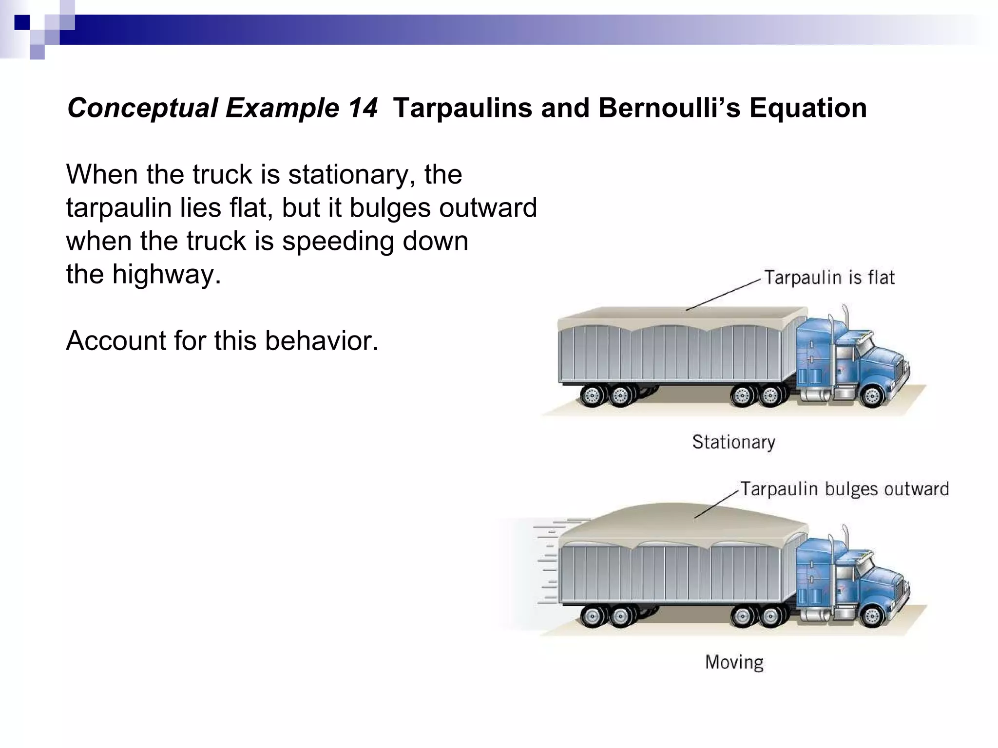 Conceptual Example 14  Tarpaulins and Bernoulli’s Equation When the truck is stationary, the  tarpaulin lies flat, but it bulges outward when the truck is speeding down the highway. Account for this behavior. 