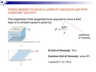 FORCE NEEDED TO MOVE A LAYER OF VISCOUS FLUID WITH CONSTANT VELOCITY The magnitude of the tangential force required to move a fluid  layer at a constant speed is given by: coefficient  of viscosity SI Unit of Viscosity:  Pa ·s Common Unit of Viscosity:  poise (P) 1 poise (P) = 0.1 Pa·s 