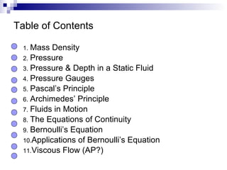 Table of Contents Mass Density Pressure Pressure & Depth in a Static Fluid Pressure Gauges Pascal’s Principle Archimedes’ Principle Fluids in Motion The Equations of Continuity Bernoulli’s Equation Applications of Bernoulli’s Equation Viscous Flow (AP?) 