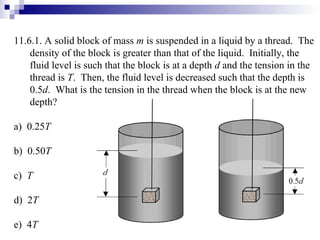 11.6.1. A solid block of mass  m  is suspended in a liquid by a thread.  The density of the block is greater than that of the liquid.  Initially, the fluid level is such that the block is at a depth  d  and the tension in the thread is  T .  Then, the fluid level is decreased such that the depth is 0.5 d .  What is the tension in the thread when the block is at the new depth? a)  0.25 T b)  0.50 T c)  T d)  2 T e)  4 T 