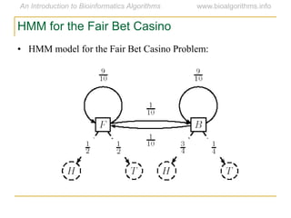 HMM for the Fair Bet Casino
• HMM model for the Fair Bet Casino Problem:
 