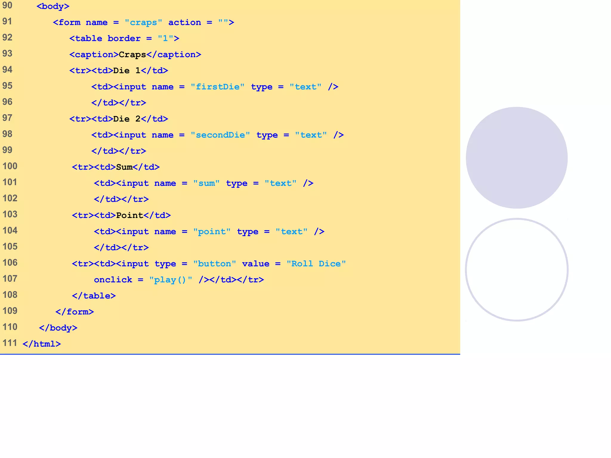 Craps.html
(5 of 5)
90 <body>
91 <form name = "craps" action = "">
92 <table border = "1">
93 <caption>Craps</caption>
94 <tr><td>Die 1</td>
95 <td><input name = "firstDie" type = "text" />
96 </td></tr>
97 <tr><td>Die 2</td>
98 <td><input name = "secondDie" type = "text" />
99 </td></tr>
100 <tr><td>Sum</td>
101 <td><input name = "sum" type = "text" />
102 </td></tr>
103 <tr><td>Point</td>
104 <td><input name = "point" type = "text" />
105 </td></tr>
106 <tr><td><input type = "button" value = "Roll Dice"
107 onclick = "play()" /></td></tr>
108 </table>
109 </form>
110 </body>
111 </html>
 