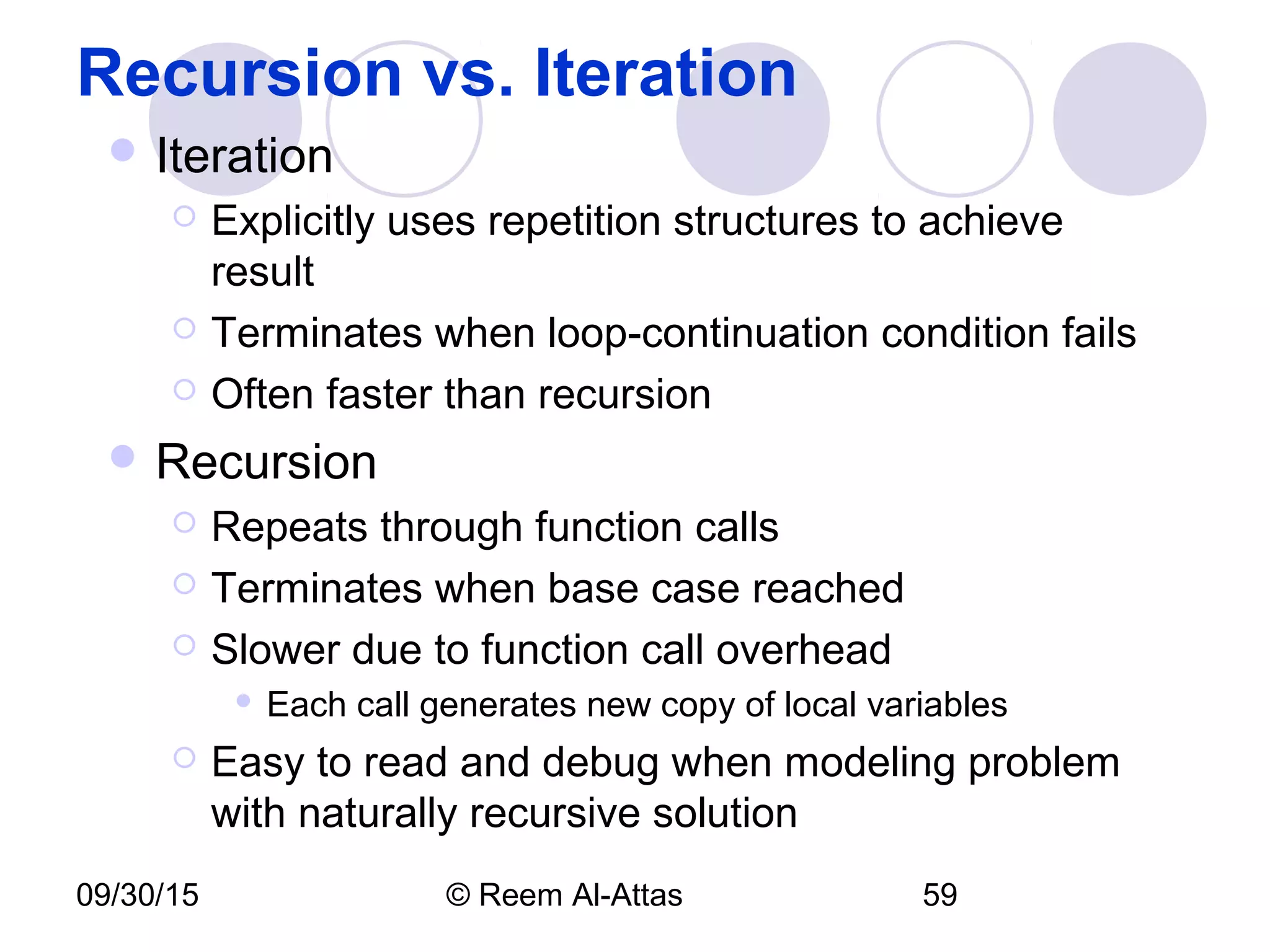 09/30/15 © Reem Al-Attas 59
Recursion vs. Iteration
 Iteration
 Explicitly uses repetition structures to achieve
result
 Terminates when loop-continuation condition fails
 Often faster than recursion
 Recursion
 Repeats through function calls
 Terminates when base case reached
 Slower due to function call overhead
 Each call generates new copy of local variables
 Easy to read and debug when modeling problem
with naturally recursive solution
 