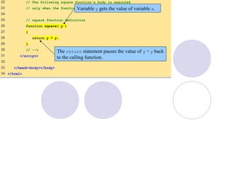 22 // The following square function's body is executed
23 // only when the function is explicitly called.
24
25 // square function definition
26 function square( y )
27 {
28 return y * y;
29 }
30 // -->
31 </script>
32
33 </head><body></body>
34 </html>
Variable y gets the value of variable x.
The return statement passes the value of y * y back
to the calling function.
 