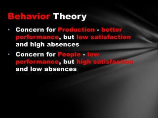 Behavior Theory
• Concern for Production - better
performance, but low satisfaction
and high absences
• Concern for People - low
performance, but high satisfaction
and low absences

 