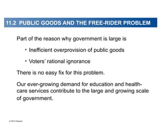 © 2013 Pearson
Part of the reason why government is large is
• Inefficient overprovision of public goods
• Voters’ rational ignorance
There is no easy fix for this problem.
Our ever-growing demand for education and health-
care services contribute to the large and growing scale
of government.
11.2 PUBLIC GOODS AND THE FREE-RIDER PROBLEM
 