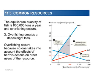 © 2013 Pearson
3. Overfishing creates a
deadweight loss.
The equilibrium quantity of
fish is 800,000 tons a year
and overfishing occurs.
Overfishing occurs
because no one takes into
account the effects of
her/his actions on other
users of the resource.
11.3 COMMON RESOURCES
 