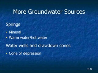 11-15
More Groundwater Sources
Springs
• Mineral
• Warm water/hot water
Water wells and drawdown cones
• Cone of depression
 