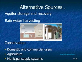 11-26
Alternative Sources (2)
Aquifer storage and recovery
Rain water harvesting
© Rainwater Services, LLC
Conservation
• Domestic and commercial users
• Agriculture
• Municipal supply systems
Jump to long description
 