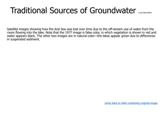 Traditional Sources of Groundwater Long Description
Satellite images showing how the Aral Sea was lost over time due to the off-stream use of water from the
rivers flowing into the lake. Note that the 1977 image is false color, in which vegetation is shown in red and
water appears black. The other two images are in natural color—the lakes appear green due to differences
in suspended sediment.
Jump back to slide containing original image
 
