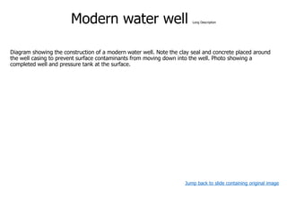Modern water well Long Description
Diagram showing the construction of a modern water well. Note the clay seal and concrete placed around
the well casing to prevent surface contaminants from moving down into the well. Photo showing a
completed well and pressure tank at the surface.
Jump back to slide containing original image
 