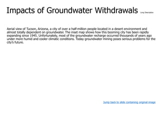 Impacts of Groundwater Withdrawals Long Description
Aerial view of Tucson, Arizona, a city of over a half-million people located in a desert environment and
almost totally dependent on groundwater. The inset map shows how this booming city has been rapidly
expanding since 1945. Unfortunately, most of the groundwater recharge occurred thousands of years ago
under more humid and cooler climatic conditions. Today groundwater mining poses serious problems for the
city’s future.
Jump back to slide containing original image
 