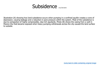 Subsidence Long Description
Illustration (A) showing how land subsidence occurs when pumping in a confined aquifer creates a cone of
depression, causing leakage and a reduction in pore pressure within the system. Most of the subsidence is
due to compaction of highly compressible, clay-rich aquitards. Photo (B) shows the casing from a well in
Mexico City that became exposed when heavy pumping withdrawals across the city caused the land surface
to subside.
Jump back to slide containing original image
 