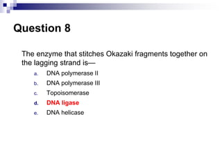 Question 8
The enzyme that stitches Okazaki fragments together on
the lagging strand is—
a. DNA polymerase II
b. DNA polymerase III
c. Topoisomerase
d. DNA ligase
e. DNA helicase
 
