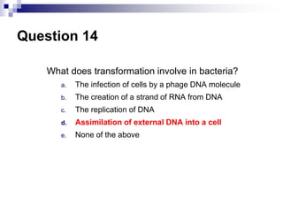 Question 14
What does transformation involve in bacteria?
a. The infection of cells by a phage DNA molecule
b. The creation of a strand of RNA from DNA
c. The replication of DNA
d. Assimilation of external DNA into a cell
e. None of the above
 