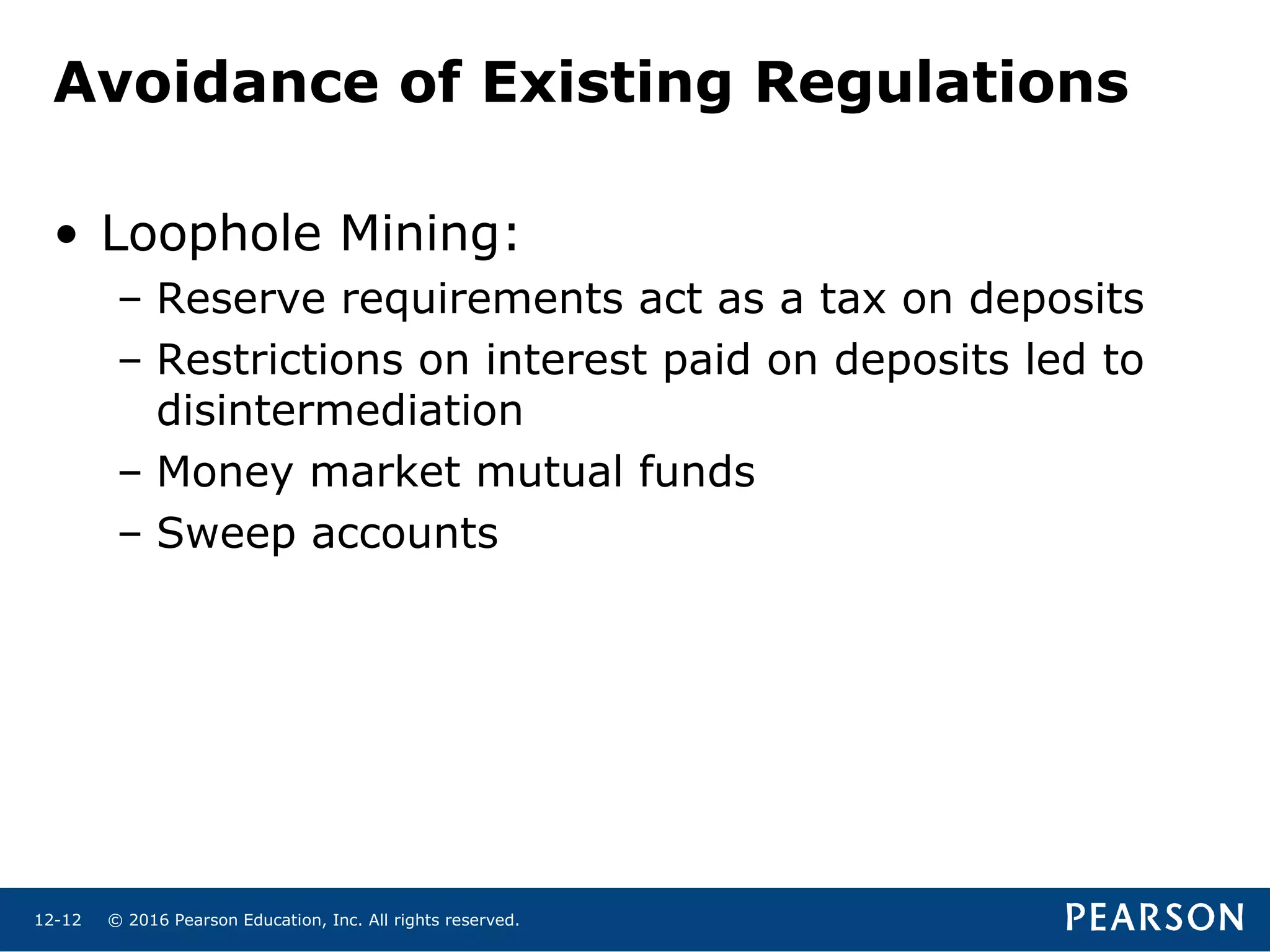 © 2016 Pearson Education, Inc. All rights reserved.12-12
Avoidance of Existing Regulations
• Loophole Mining:
– Reserve requirements act as a tax on deposits
– Restrictions on interest paid on deposits led to
disintermediation
– Money market mutual funds
– Sweep accounts
 