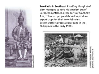 Two Paths in Southeast Asia King Mongkut of
Siam managed to keep his kingdom out of
European control. In other parts of Southeast
Asia, colonized peoples labored to produce
export crops for their colonial rulers.
Below, workers process sugar cane in the
Philippines in the early 1900s.
 