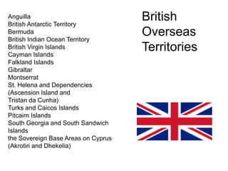 Anguilla
British Antarctic Territory
                                     British
Bermuda
British Indian Ocean Territory
                                     Overseas
British Virgin Islands
Cayman Islands
                                     Territories
Falkland Islands
Gibraltar
Montserrat
St. Helena and Dependencies
(Ascension Island and
Tristan da Cunha)
Turks and Caicos Islands
Pitcairn Islands
South Georgia and South Sandwich
Islands
the Sovereign Base Areas on Cyprus
(Akrotiri and Dhekelia)
 