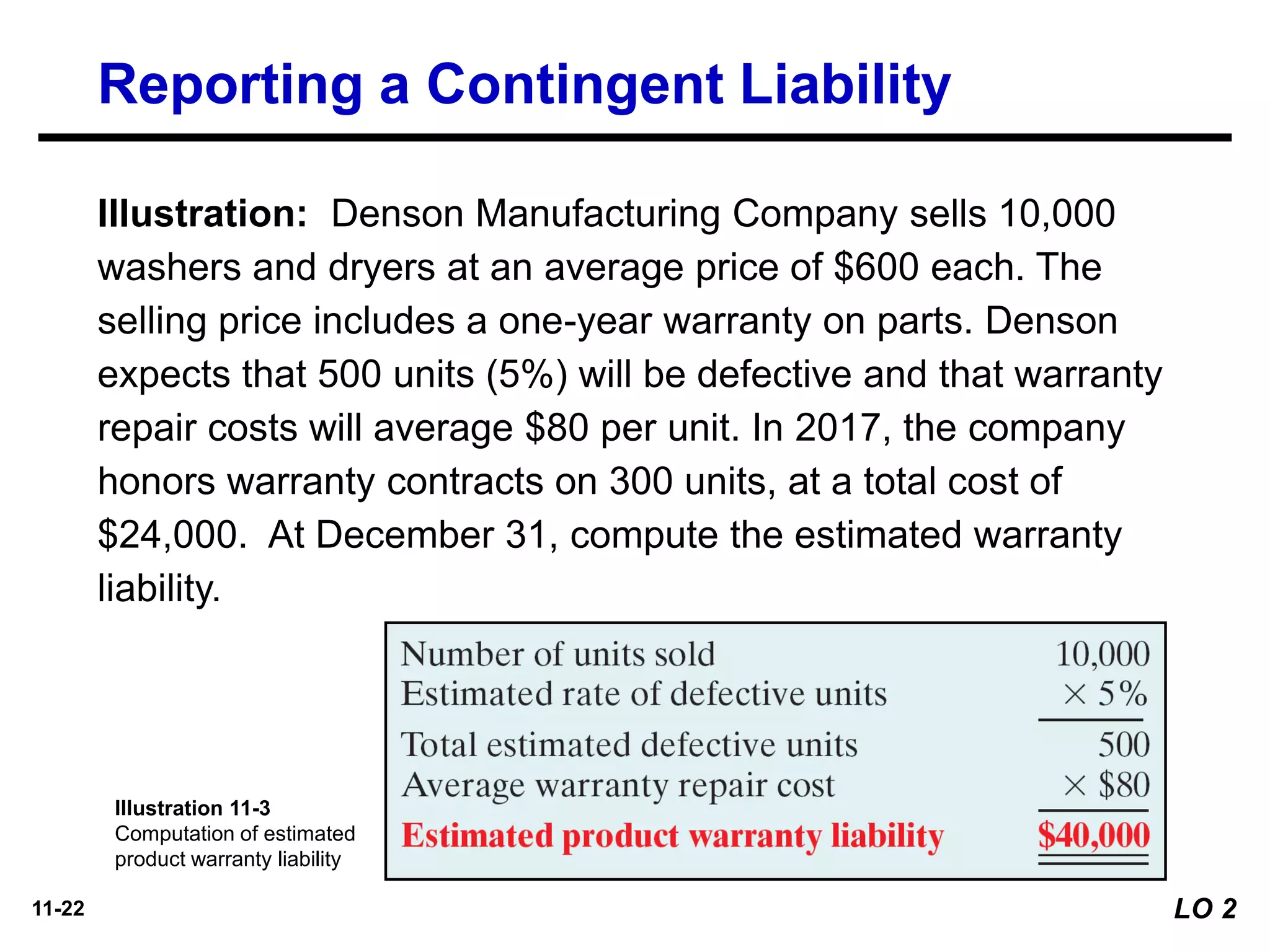 11-22
Illustration: Denson Manufacturing Company sells 10,000
washers and dryers at an average price of $600 each. The
selling price includes a one-year warranty on parts. Denson
expects that 500 units (5%) will be defective and that warranty
repair costs will average $80 per unit. In 2017, the company
honors warranty contracts on 300 units, at a total cost of
$24,000. At December 31, compute the estimated warranty
liability.
Illustration 11-3
Computation of estimated
product warranty liability
Reporting a Contingent Liability
LO 2
 