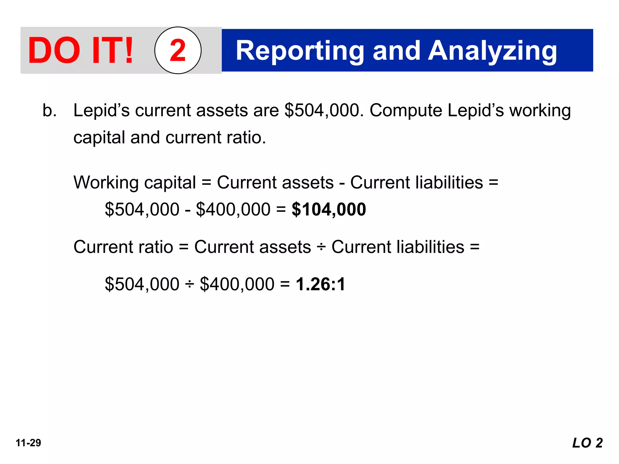 11-29
b. Lepid’s current assets are $504,000. Compute Lepid’s working
capital and current ratio.
LO 2
DO IT! Reporting and Analyzing2
Working capital = Current assets - Current liabilities =
$504,000 - $400,000 = $104,000
Current ratio = Current assets ÷ Current liabilities =
$504,000 ÷ $400,000 = 1.26:1
 