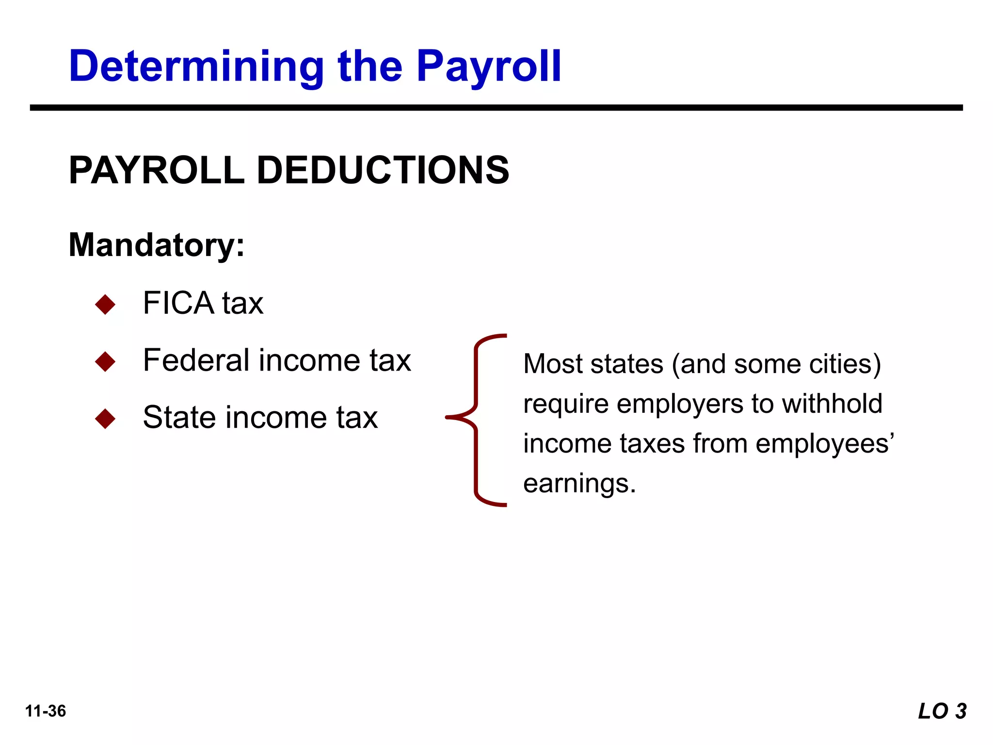 11-36
Most states (and some cities)
require employers to withhold
income taxes from employees’
earnings.
Determining the Payroll
Mandatory:
◆ FICA tax
◆ Federal income tax
◆ State income tax
PAYROLL DEDUCTIONS
LO 3
 