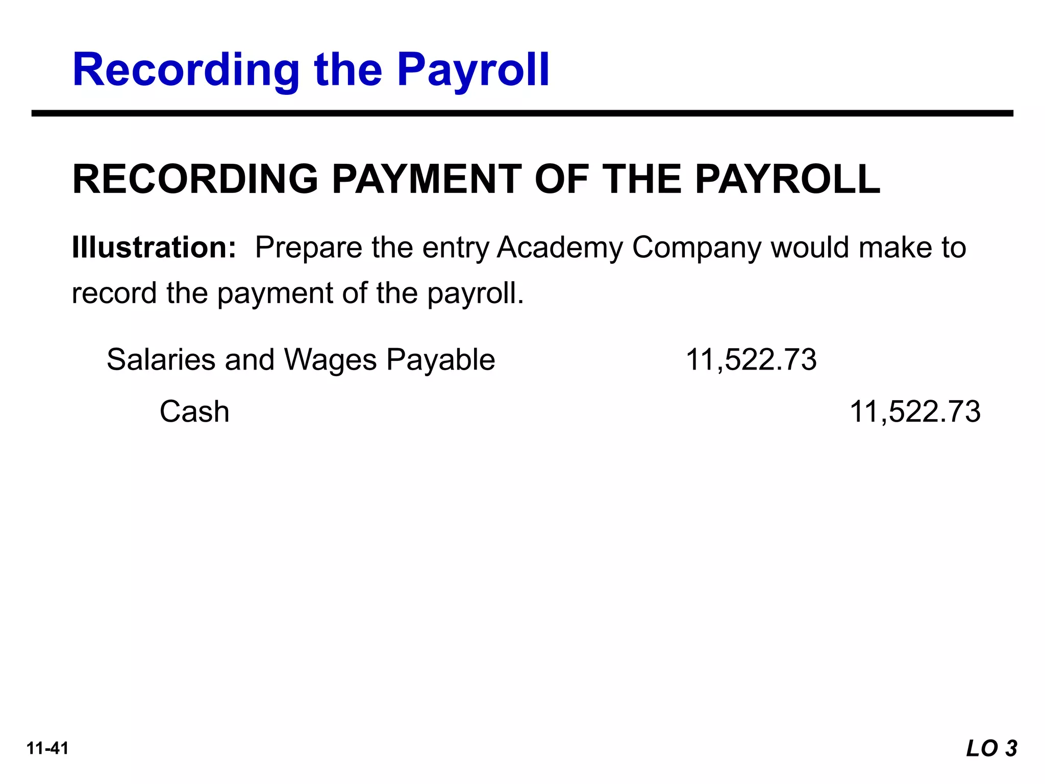 11-41
Illustration: Prepare the entry Academy Company would make to
record the payment of the payroll.
RECORDING PAYMENT OF THE PAYROLL
Recording the Payroll
Salaries and Wages Payable 11,522.73
Cash 11,522.73
LO 3
 