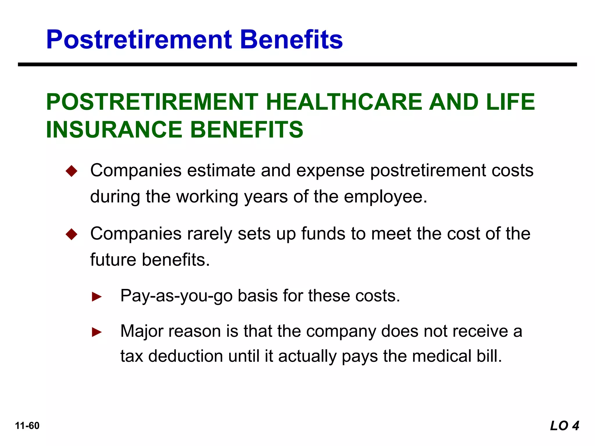 11-60
POSTRETIREMENT HEALTHCARE AND LIFE
INSURANCE BENEFITS
◆ Companies estimate and expense postretirement costs
during the working years of the employee.
◆ Companies rarely sets up funds to meet the cost of the
future benefits.
► Pay-as-you-go basis for these costs.
► Major reason is that the company does not receive a
tax deduction until it actually pays the medical bill.
Postretirement Benefits
LO 4
 