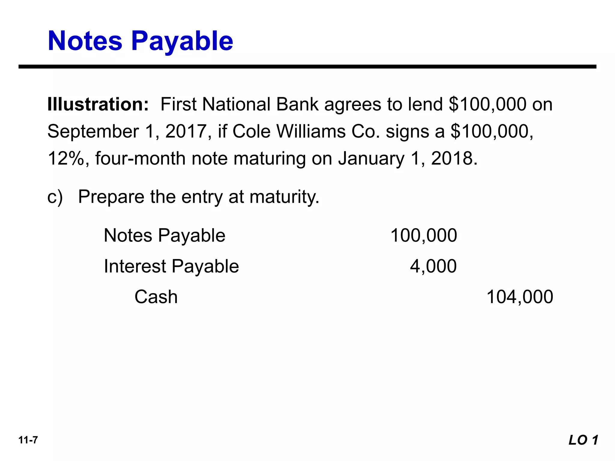 11-7
Cash 104,000
Illustration: First National Bank agrees to lend $100,000 on
September 1, 2017, if Cole Williams Co. signs a $100,000,
12%, four-month note maturing on January 1, 2018.
c) Prepare the entry at maturity.
Interest Payable 4,000
Notes Payable 100,000
LO 1
Notes Payable
 
