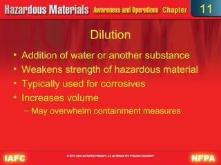 11

                   Dilution
•   Addition of water or another substance
•   Weakens strength of hazardous material
•   Typically used for corrosives
•   Increases volume
    – May overwhelm containment measures
 