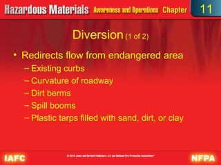 11

                Diversion (1 of 2)
• Redirects flow from endangered area
  – Existing curbs
  – Curvature of roadway
  – Dirt berms
  – Spill booms
  – Plastic tarps filled with sand, dirt, or clay
 