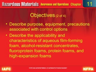 11

            Objectives (2 of 4)
• Describe purpose, equipment, precautions
  associated with control options
• Describe the applicability and
  characteristics of aqueous film-forming
  foam, alcohol-resistant concentrates,
  fluoroprotein foams, protein foams, and
  high-expansion foams
 