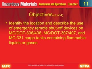 11

            Objectives (3 of 4)
• Identify the location and describe the use
  of emergency remote shut-off devices on
  MC/DOT-306/406, MC/DOT-307/407, and
  MC-331 cargo tanks containing flammable
  liquids or gases
 