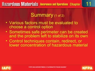 11

              Summary (1 of 2)
• Various factors must be evaluated to
  choose a control option
• Sometimes safe perimeter can be created
  and the problem left to stabilize on its own
• Control techniques contain, redirect, or
  lower concentration of hazardous material
 