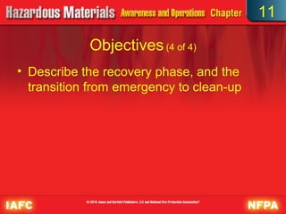 11

            Objectives (4 of 4)
• Describe the recovery phase, and the
  transition from emergency to clean-up
 