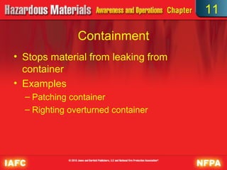 11

               Containment
• Stops material from leaking from
  container
• Examples
  – Patching container
  – Righting overturned container
 