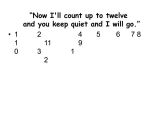 “Now I'll count up to twelve
and you keep quiet and I will go.”
• 1
1
0
2
3
4 5 6 7 8
9
11
1
2
 