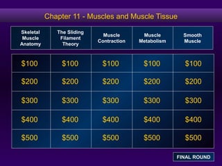 Chapter 11 - Muscles and Muscle Tissue
$100
$200
$300
$400
$500
$100 $100$100 $100
$200 $200 $200 $200
$300 $300 $300 $300
$400 $400 $400 $400
$500 $500 $500 $500
Skeletal
Muscle
Anatomy
The Sliding
Filament
Theory
Muscle
Contraction
Muscle
Metabolism
Smooth
Muscle
FINAL ROUND
 