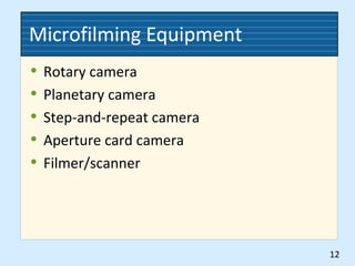 Microfilming Equipment
• Rotary camera
• Planetary camera
• Step-and-repeat camera
• Aperture card camera
• Filmer/scanner
12
 