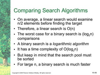 Comparing Search Algorithms On average, a linear search would examine n/2 elements before finding the target Therefore, a linear search is O(n) The worst case for a binary search is (log 2 n) comparisons A binary search is a  logarithmic algorithm It has a time complexity of O(log 2 n) But keep in mind that the search pool must be sorted For large n, a binary search is much faster 
