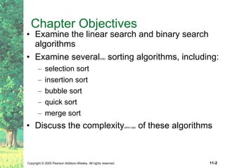 Chapter Objectives Examine the linear search and binary search algorithms Examine several (vài)  sorting algorithms, including: selection sort insertion sort bubble sort quick sort merge sort Discuss the complexity (phức tạp)  of these algorithms 