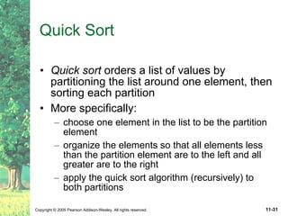 Quick Sort Quick sort  orders a list of values by partitioning the list around one element, then sorting each partition More specifically: choose one element in the list to be the partition element organize the elements so that all elements less than the partition element are to the left and all greater are to the right apply the quick sort algorithm (recursively) to both partitions 