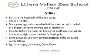 STARS
.
 Stars are the huge balls of fire and gases.
 The sun is a star.
 Many years ago, sailors used to find the direction with the help
of a bright star called the Pole star or North star.
 This star helped the sailors in finding the north direction which
is almost straight above the Earth's North pole.
 Some group of stars form different patterns in the sky called
constellations.
 Eg.: Ursa major, Ursa minor, Orion, Draco.
 