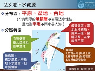 2.3 地下水資源
分布區：平原、盆地、台地
    （∵有鬆厚的堆積層岩層透水性佳；
      且地形平坦雨水易入滲） 最豐儲區：濁
分區特徵               水溪沖積扇、
                    屏東平原、蘭
                    陽平原、花東
   次豐儲區：
                    縱谷平原
   臺北盆地及
   臺中盆地
                  貧儲區：
                  1.竹苗台地 (為紅土區)
 離島區：             2.嘉南平原 (為泥岩區)
 東沙島及太平島          3.澎湖(玄武岩台地)
 地下水豐富，但
 水質偏鹹
                   圖片來源：翰林出版社
 