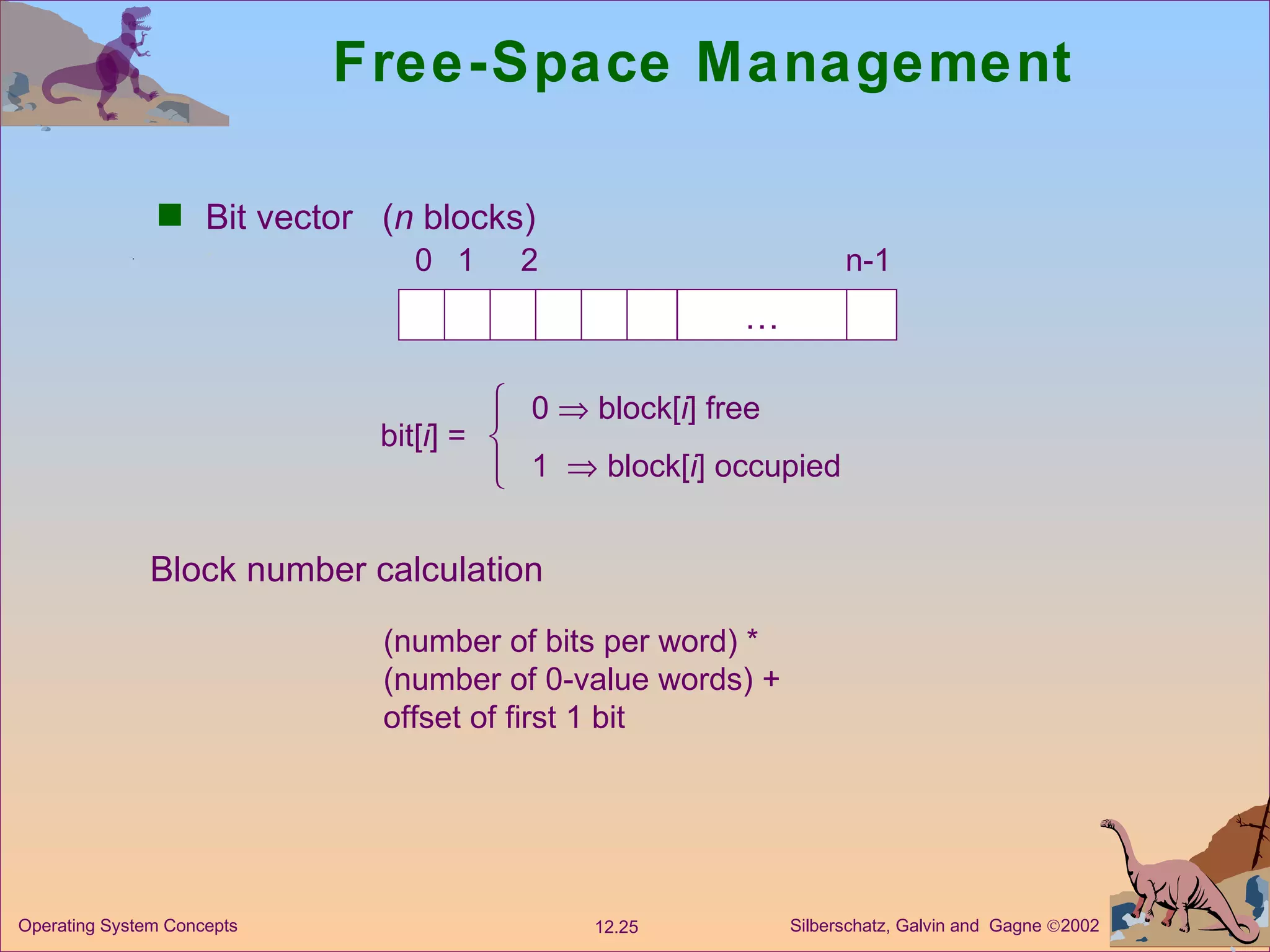 Free-Space Management Bit vector  ( n  blocks) … 0 1 2 n-1 bit[ i ] =  0    block[ i ] free 1    block[ i ] occupied Block number calculation (number of bits per word) * (number of 0-value words) + offset of first 1 bit 